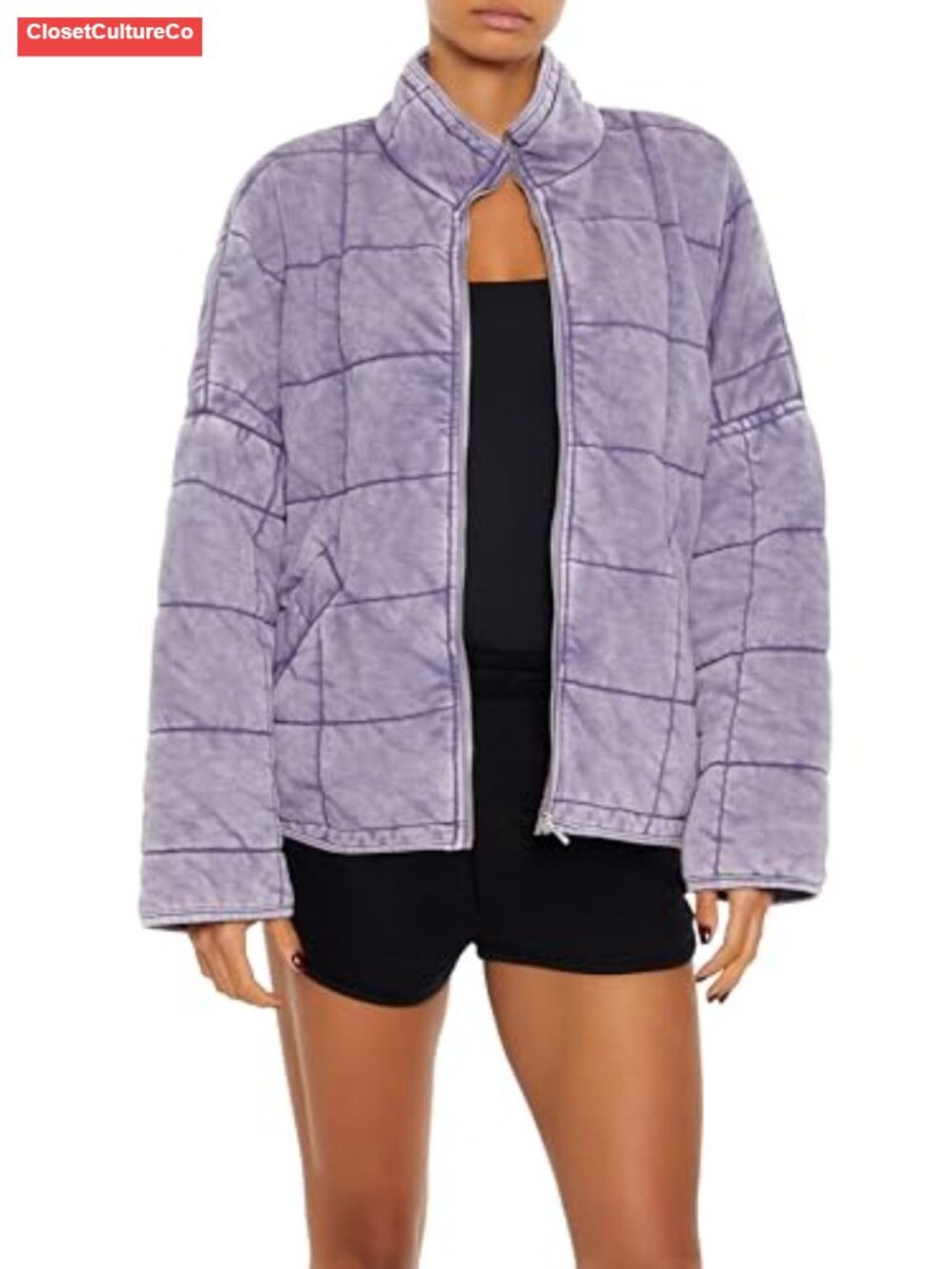 Quilted Zip-Up Jacket Funnel Neck Long Sleeve Slanted Pockets